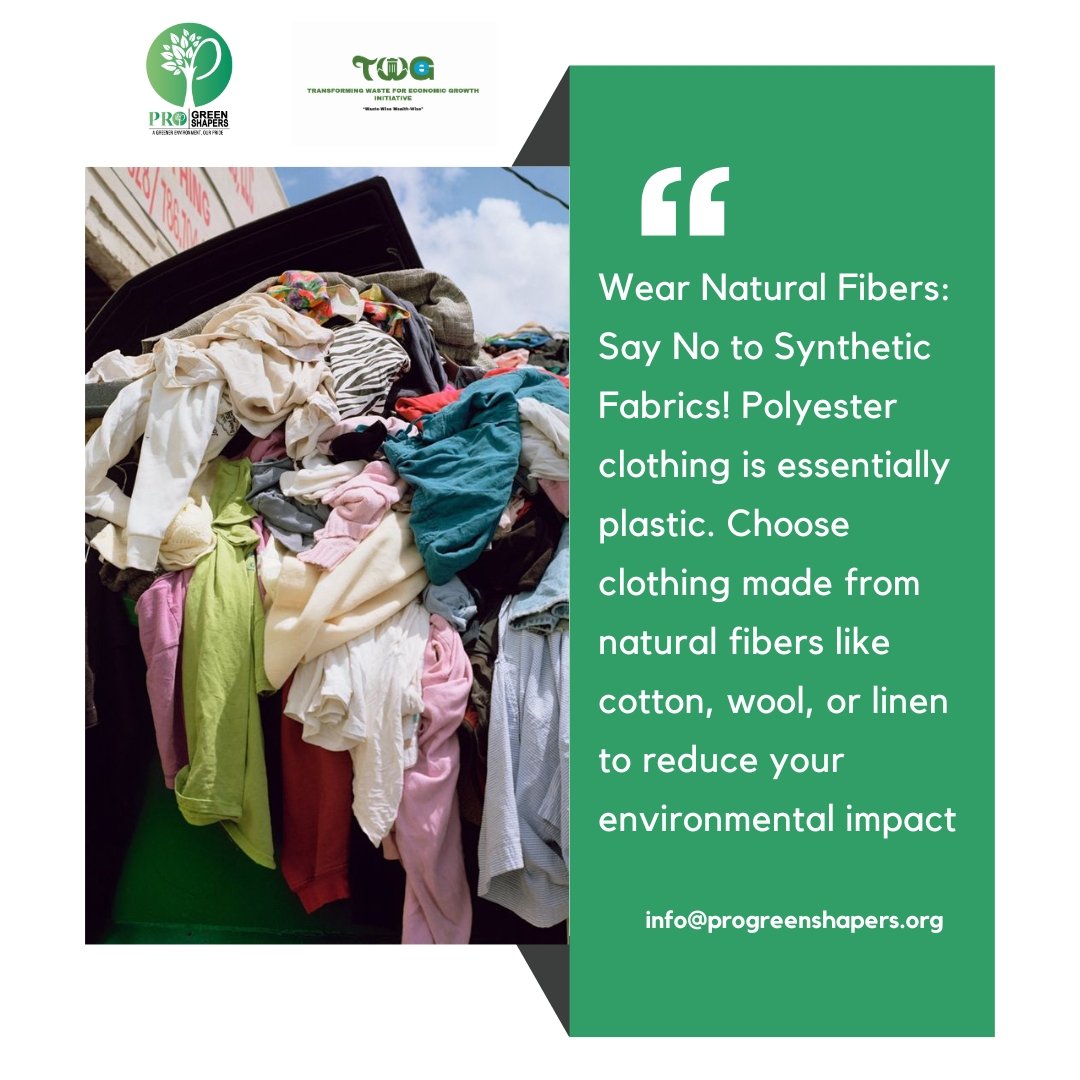 ProGreenShapers's tweet photo. Make a sustainable fashion statement by choosing natural fibers over synthetic fabrics! Polyester clothing is essentially plastic, so let's opt for cotton, wool, or linen to reduce our environmental impact. 🌱 #WasteWiseWealthWise #TwegInitiative https://t.co/rlbexAd92a