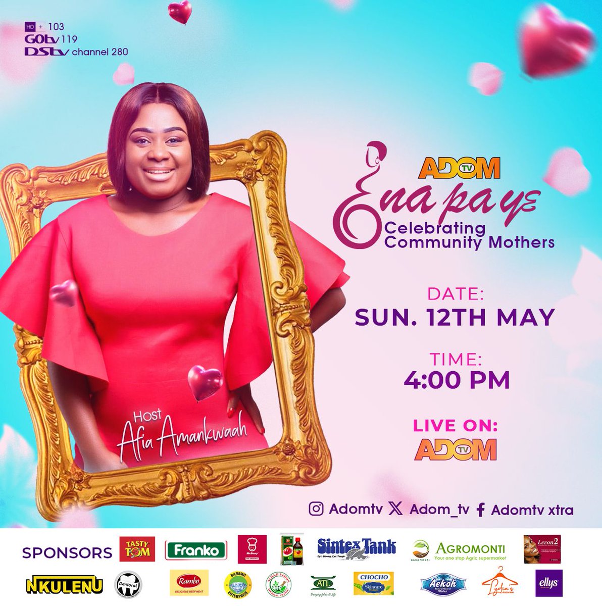 Join us this Sunday for an unforgettable event filled with love, laughter, and cherished memories. Treat Mom to a day she'll treasure forever. Adom TV Enapa Ye, Celebrating Community Mothers. #EnapaYe