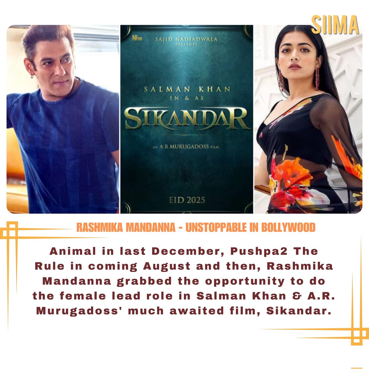 Rashmika Mandhana will be the leading lady opposite #SalmanKhan. From an animal-filled December to ruling Pushpa 2 in August, now boldly stepping into the limelight with Salman Khan & A.R. Murugadoss for 'Sikandar'. 🎬🌟 #RashmikaMandanna #Sikandar #SalmanKhan #ARMurugadoss…