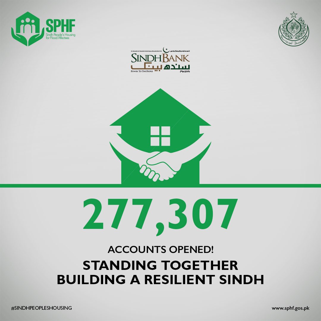 Expressing our appreciation to Sindh Bank for their contribution in facilitating SPHF in opening beneficiary accounts. 277,307 out of 700,000 accounts were opened in Sindh Bank, promoting financial inclusion & providing transparent access to funds.
#SindhPeoplesHousing