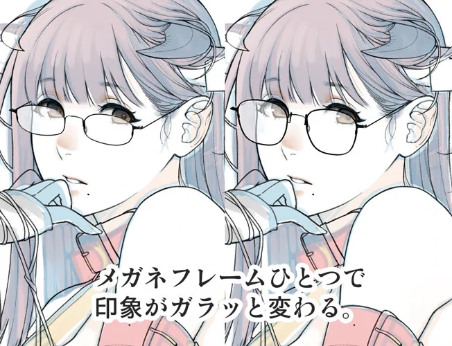 メガネフレームで印象変わるから迷って足踏み中。無しという選択肢もあるので、困った困った。はよ背中の肉の段差を塗りたい(一応コミティアの新作進捗報告) 