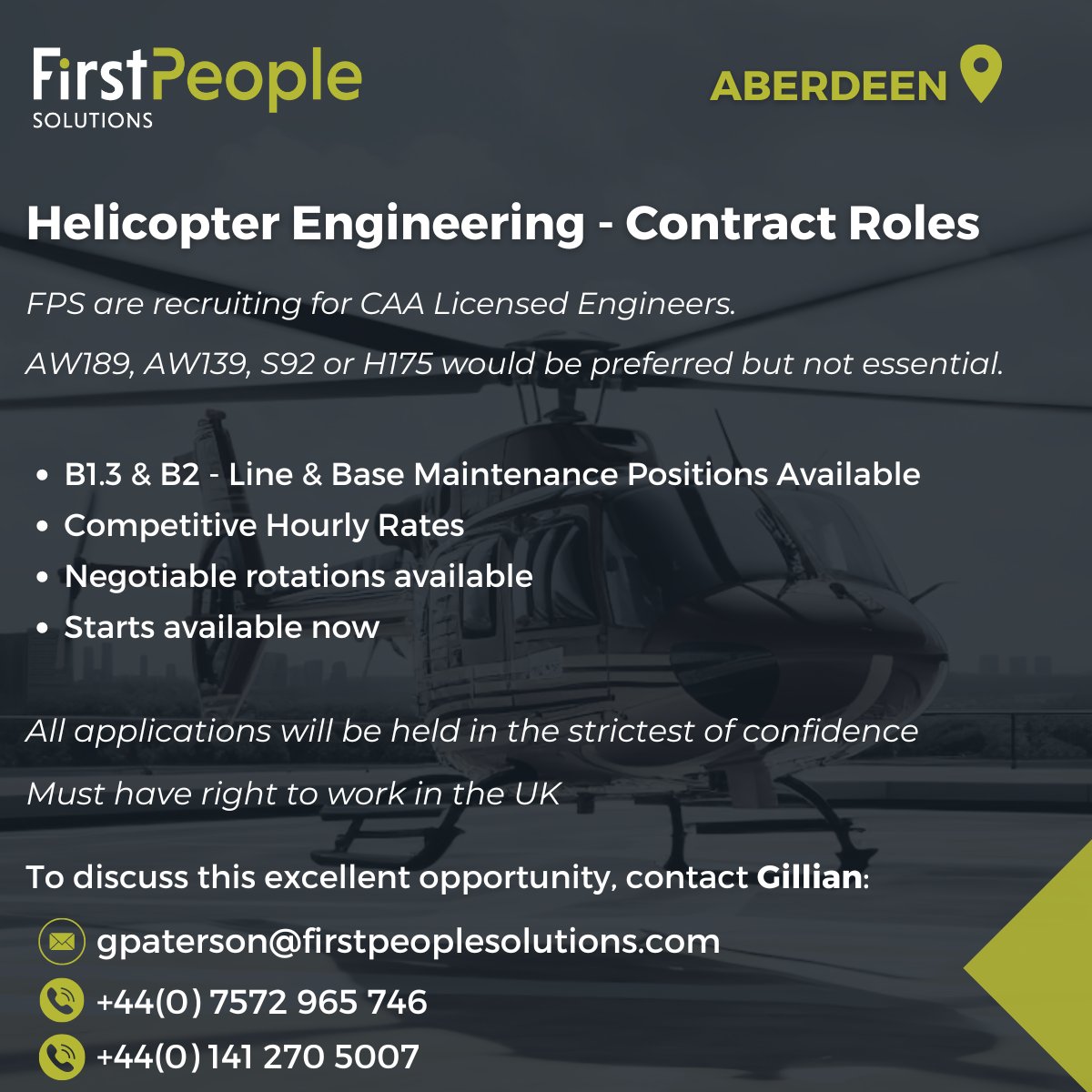 First People Solutions are in search of Helicopter Engineers to join our team based in Aberdeen🚁 If you’re interested and to apply, please contact Gillian Paterson: 📧: gpaterson@firstpeoplesolutions.com 📞: +44(0) 7572 965 746 📞: +44(0) 141 270 5007 #firstpeoplesolutions