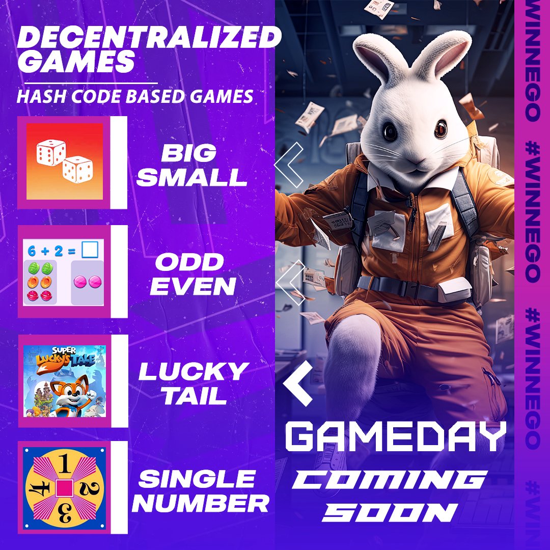 Experience the thrill of decentralized gaming with Winnego! Play hash-based games like Big Small, Odd Even, Luckytail, and Single Number. Stay tuned as we bring you exciting new games! #DecentralizedGaming #Winnego #NewGamesComingSoon