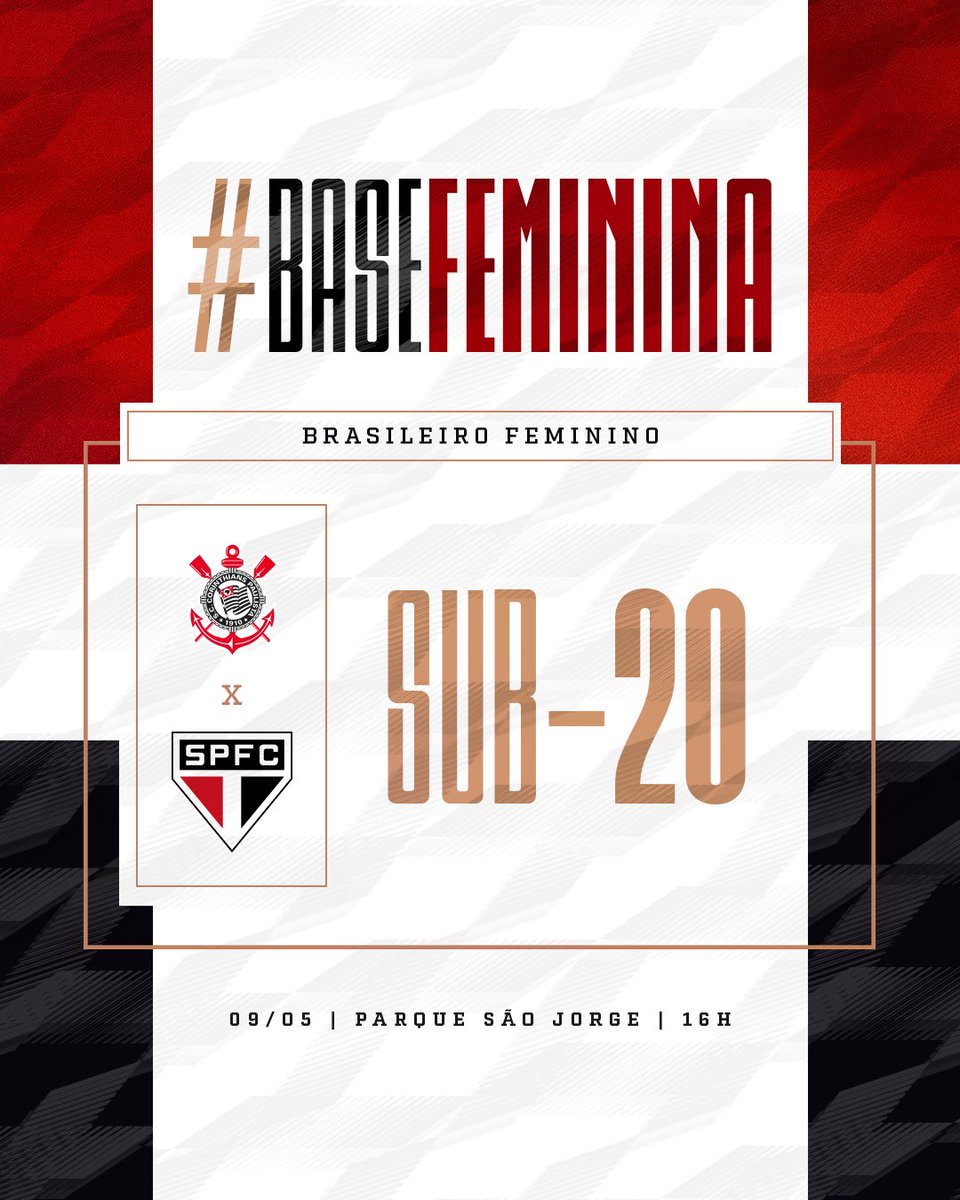 Dia de clássico! Hoje é dia de #BaseFeminina! É dia de #FutebolFemininoTricolor! ⚽️ Corinthians x São Paulo 🏟 Parque São Jorge ⏰ 16h 🏆 Brasileiro Sub-20 #VamosSãoPaulo 🇾🇪