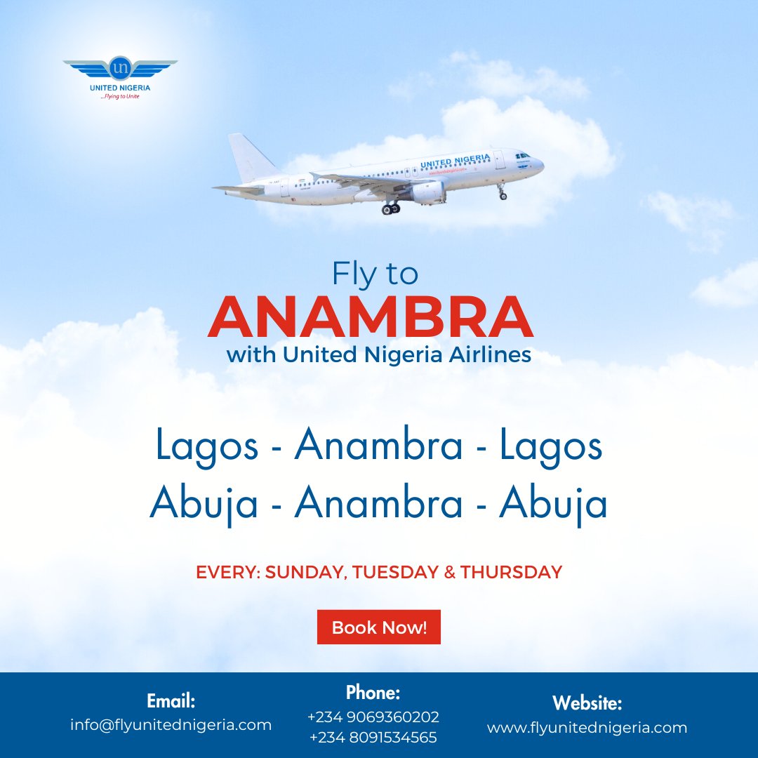 Sit back and enjoy smooth flights in and out of Anambra with United Nigeria Airlines!✈️ Limited seats available. Save your tickets now on our website or mobile app!💨 #UnitedNigeriaAirlines #FlyUnitedNigeriaAirlines #FlyingToUnite #AMoreRewardingWayToFly #Anambraflights…