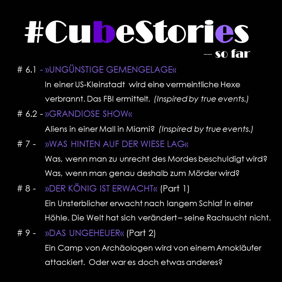 Im Sinne bester Prokrastination habe ich euch jetzt mal einen Zwischenstand über die ersten zehn #CubeStories gebastelt.

Alle #CubeStories sind noch auf ko-fi.com/johanna_wolfma… kostenfrei zu lesen. Keine Anmeldung erforderlich.
#Kurzgeschichten
