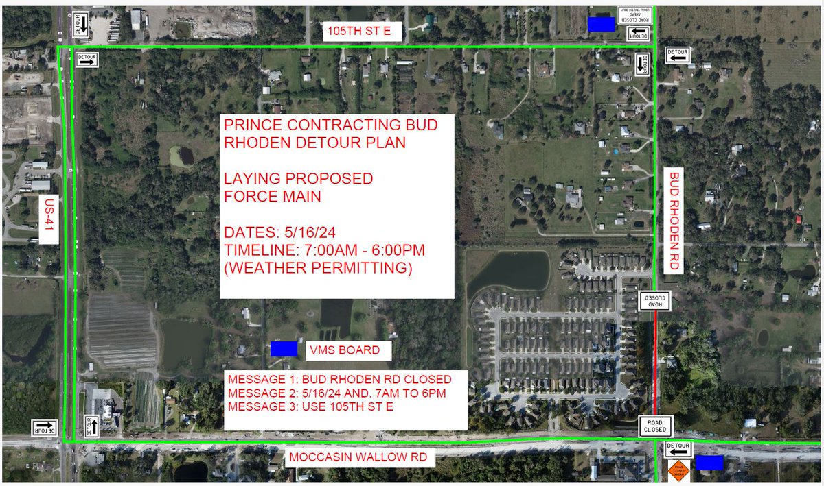 ROAD CLOSURE: Bud Rhoden Rd, on North side Moccasin Wallow Rd.  Single Day, May 16th. There is a force main installation that requires this closure of Bud Rhoden Rd. #ManateeCounty  #TrafficAlert 
smarttrafficinfo.org