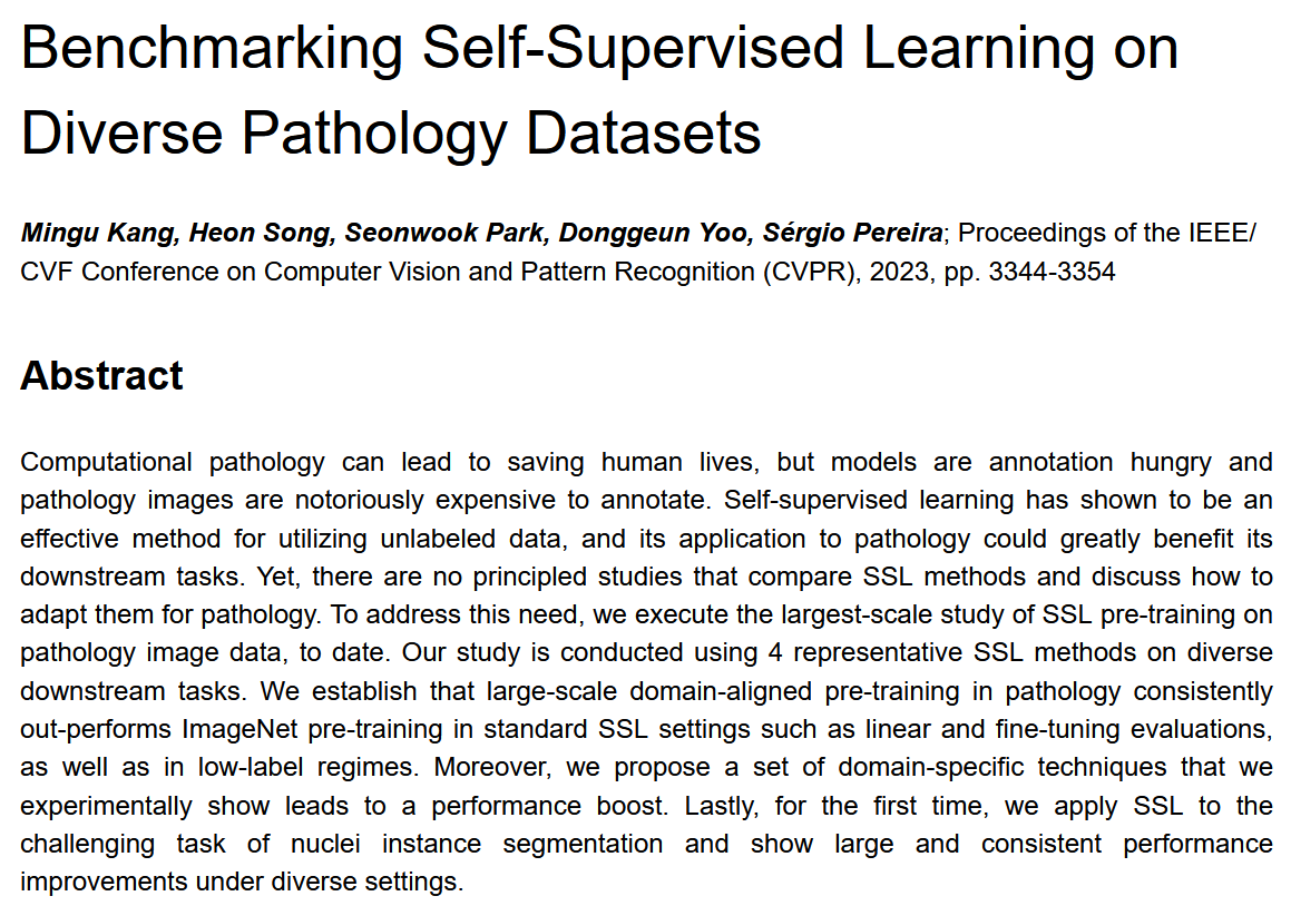 AbuFatimahAlali's tweet image. A big challenge in #ComputationalPathology is the lack of labeled datasets. Tackling this problem, Kang et. al. (CVPR 2023) conducts a study on 33 million image patches, which infers pre-training on pathology images outperforms pre-training on ImageNet.
lunit-io.github.io/research/publi…
