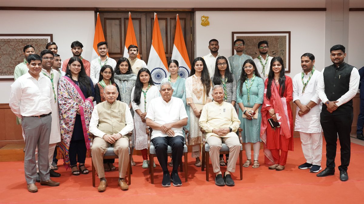 Hon'ble Vice-President, Shri Jagdeep Dhankhar interacted with students engaged in nature conservation at Parliament House today. He encouraged them to harness research and innovation for a climate-friendly and sustainable future. #RajyaSabha