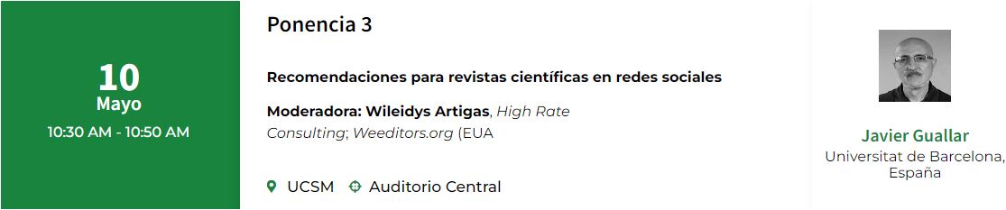 Mañana 10 de mayo presentación de @jguallar sobre revistas científicas en redes sociales en el Congreso #CRECS2024, en Arequipa, Perú. 

Modera @wileart, High Rate Consulting; Weeditors.org (EUA).