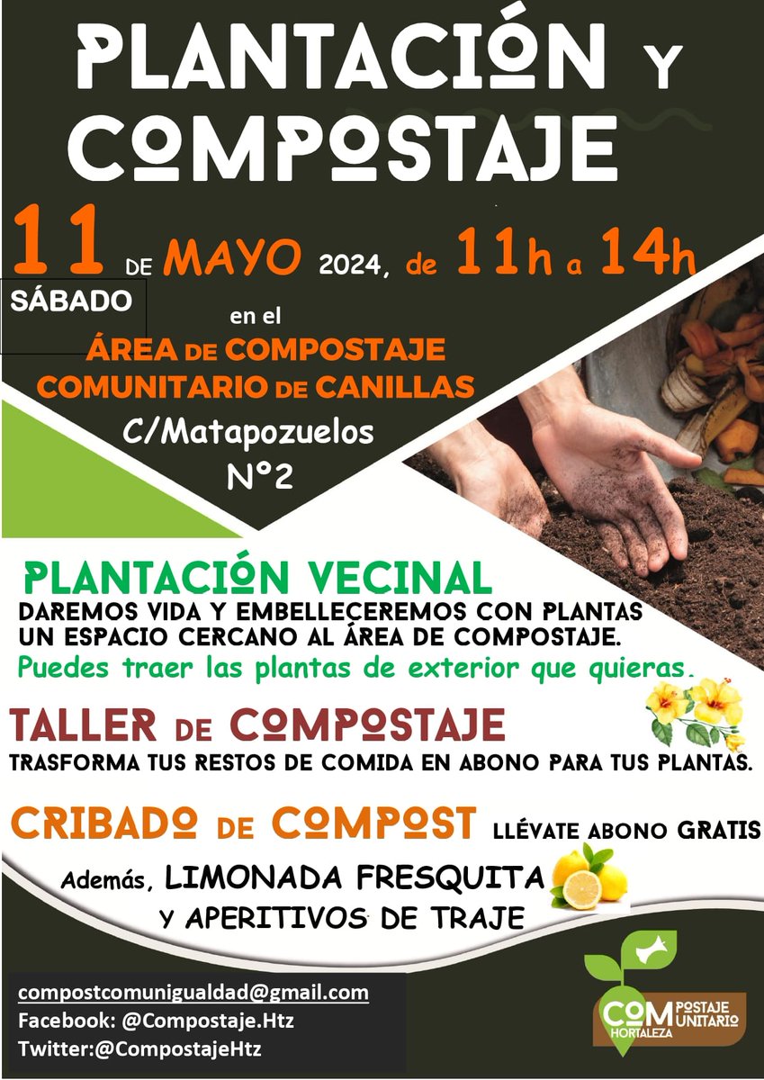 ⏰ Recuerda que este sábado nos encontramos en el Área de Compostaje Comunitario de Canillas (C/Matapozuelos, 2) para pasar un buen rato juntas. Con plantación vecinal, taller de compostaje y cribado ¡Y limonada con aperitivo de traje!
🌱🪱🍋