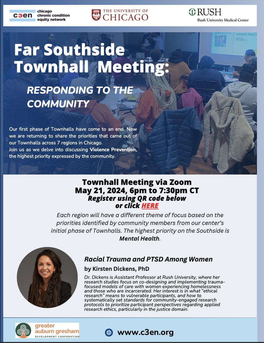 On May 21 from 6-7:30pm, C3EN and <a href="/GADC_Chicago/">GADC Auburn Gresham</a> host a virtual mental health town hall featuring a keynote by Pilot Awardee Kirsten Dickins of <a href="/RushUNursing/">Rush U College of Nursing</a>, "Racial Trauma and PTSD Among Women" - REGISTER at Rush.zoom.us/meeting/regist…