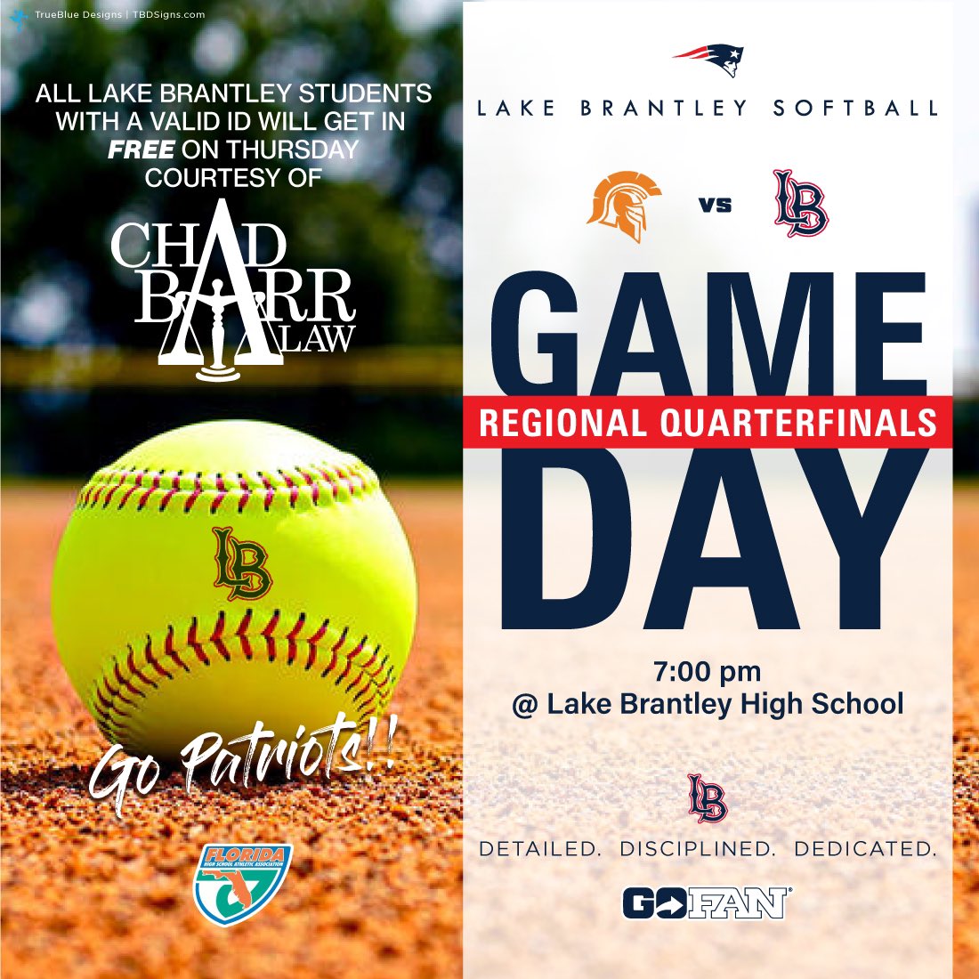 All Lake Brantley students with a valid student I.D get in free tonight curtesy of Chad Barr Law! (@AttyChadBarr) #GoPatriots #WhateverItTakes @JCCarnz @osvarsity @VarsityBuddy 📆 Today 🆚 University (OC) ⏰ 7:00pm 📍Brantley South Softball Complex 🎟 gofan.co/event/1517561?…