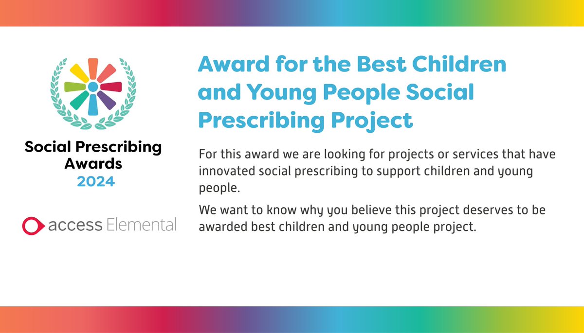 You have one day left to enter the Award for Best Children & Young People Social Prescribing Project sponsored by @AccessElemental Entries close tomorrow 10 May Find out more & enter here: ow.ly/O6fC50RcUik @NASPTweets @CollegeofMed @SocialPrescrib2