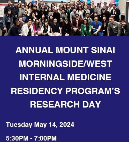 Countdown to the Mount Sinai Morningside/West Internal Medicine Residency Program Annual Research Day has begun! Join us next week on Tuesday, May 9, 2024 as our amazing Residents showcase their work! @slrchiefs @AndrilliJ @gosorio @DOMSinaiNYC @taminatorMD @SinghVMedEd