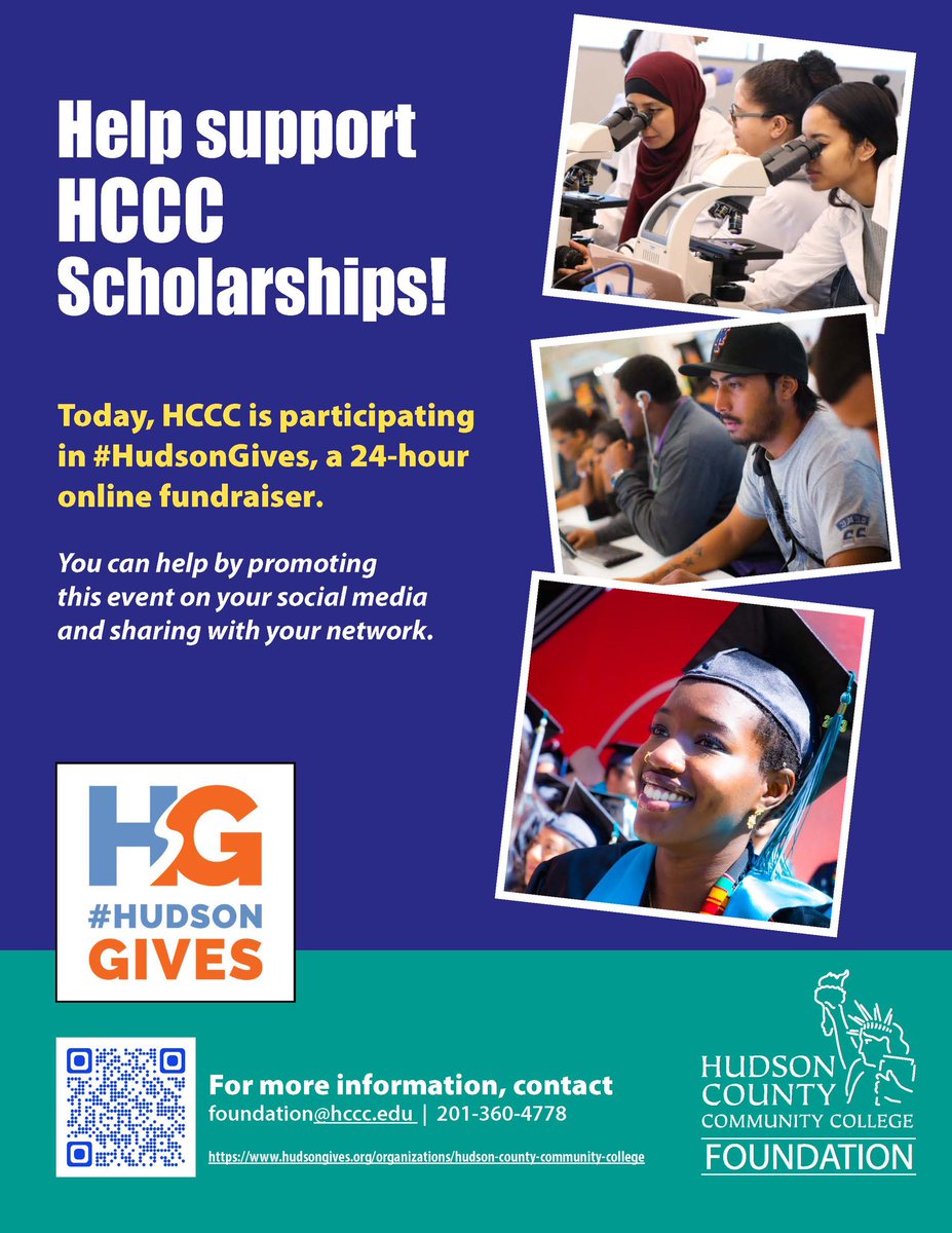 Today is #HudsonGives … Help support HCCC Scholarships! For more info, contact foundation@hccc.edu or 201-360-4778 To make a donation: hudsongives.org/organizations/… @NJCommColleges @CCTrustees @HudCoTweet @Comm_College @BHEF @NISOD @AchieveTheDream