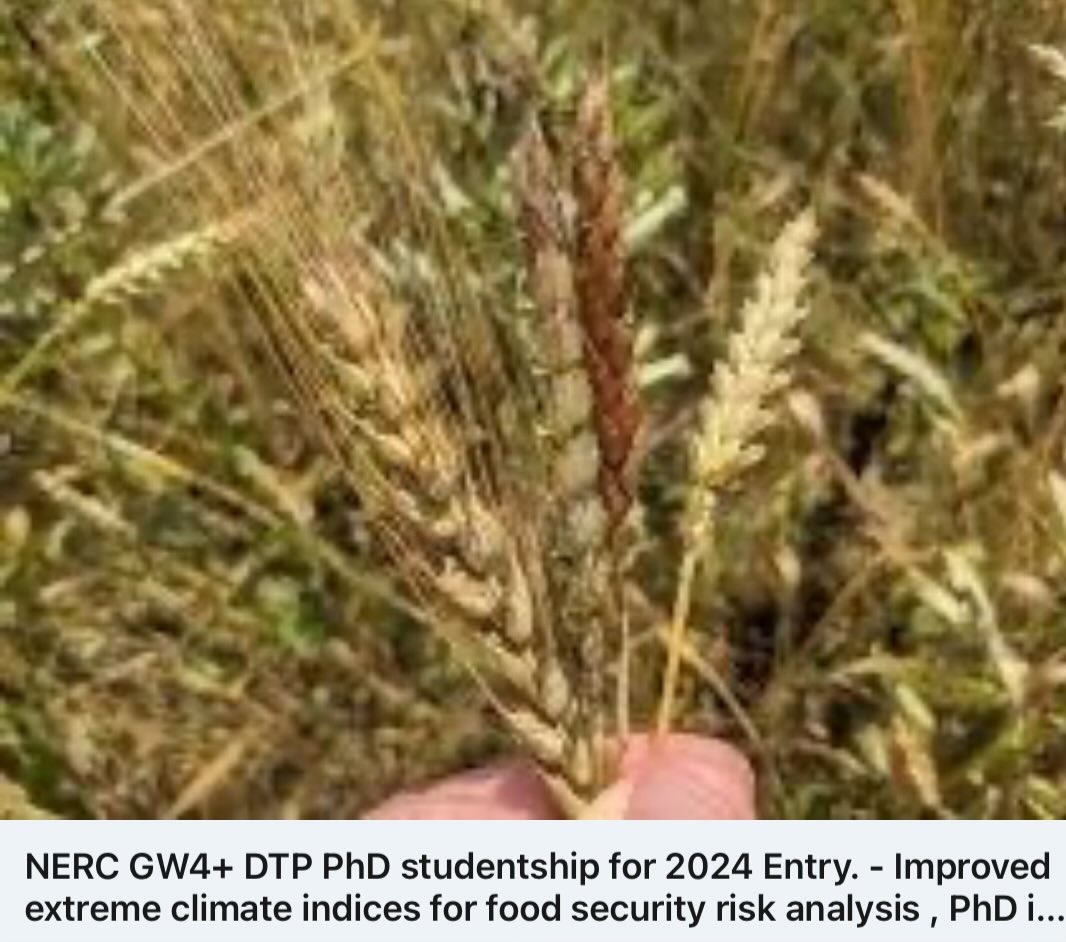 NERC GW4+ DTP PhD CASE studentship
Improved extreme climate indices for food security risk analysis.

Supervision team: Ben Youngman, Dan Bebber, Lina Mercado, <a href="/ClimateCb/">Dr Catherine Bradshaw</a> (<a href="/UniofExeter/">University of Exeter</a> ), <a href="/PeteFalloon/">Pete Falloon</a> (<a href="/BristolUni/">University of Bristol</a> /<a href="/metoffice/">Met Office</a> ). 

Deadline 31/05/24: exeter.ac.uk/study/funding/…