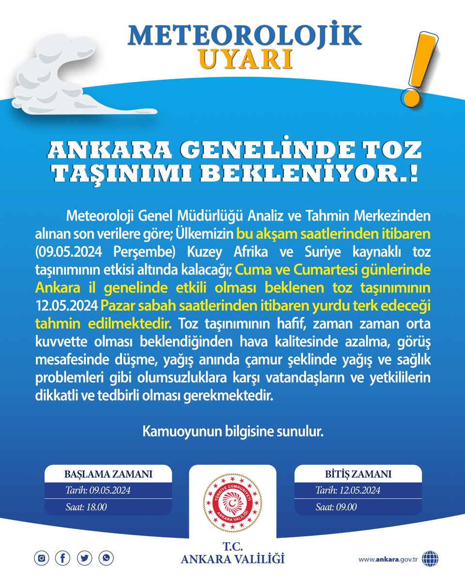 Meteoroloji Genel Müdürlüğü Ankara Bölge Tahmin ve Erken Uyarı Merkezi verilerine göre;   Ankara il genelinde bu akşam saatlerinden itibaren etkili olması beklenen toz taşınımına dikkat❗️