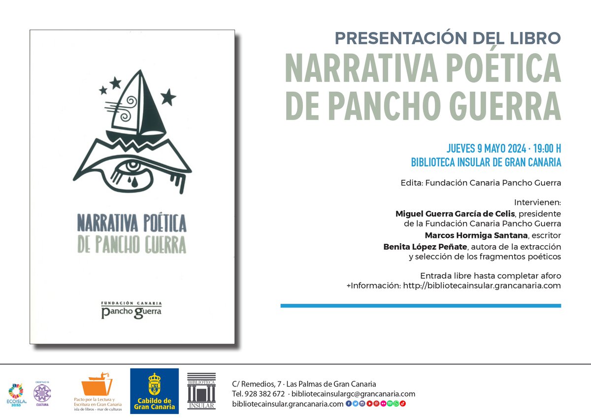 Hoy a las 19:00 tendrá lugar la presentación de 'Narrativa poética de Pancho Guerra'. Un libro que da a conocer la faceta poética de uno de los autores canarios más importantes #PanchoGuerra #poesía