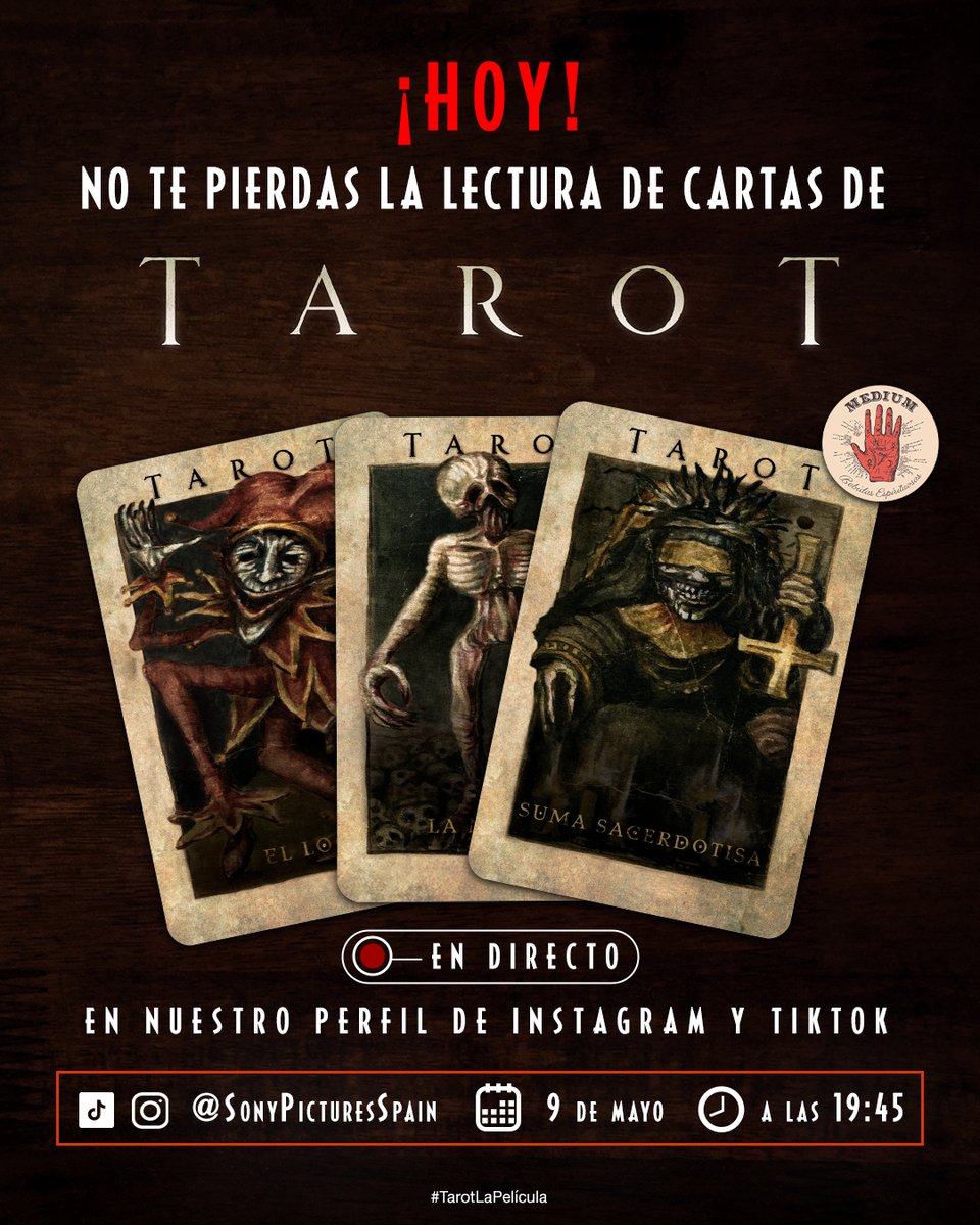 Tu destino está en las cartas. No te pierdas el próximo 9 de mayo la lectura de cartas de #TarotLaPelícula en directo desde nuestro perfil de TikTok. ¡Inscríbete! ➡️ tiktok.com/live/event/736… Tarotistas de Medium Club Madrid descubrirán tu destino.