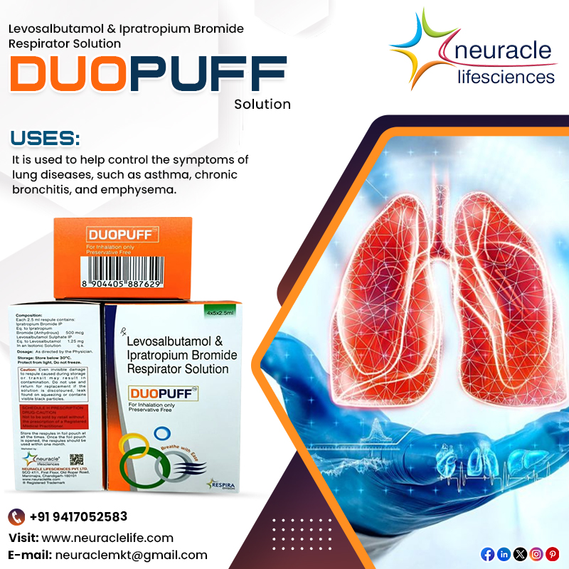 Neuracle Lifesciences is a PCD Pharma Franchise Company offering 'DUOPUFF' solution which is used to help control the symptoms of lung diseases like asthma.

Website: neuraclelife.com
Call: +91 9417052583, +91 8146662777
Email: neuraclemkt@gmail.com

#PCDpharmafranchise