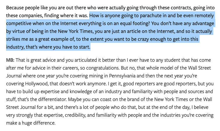 This excerpt from today's Stratechery interview with @MattBelloni is poignant and resonates deeply: it's challenging to deliver analysis, or even a useful and, importantly, penetrating interpretation of the news, on the internet absent domain expertise or earned credibility.