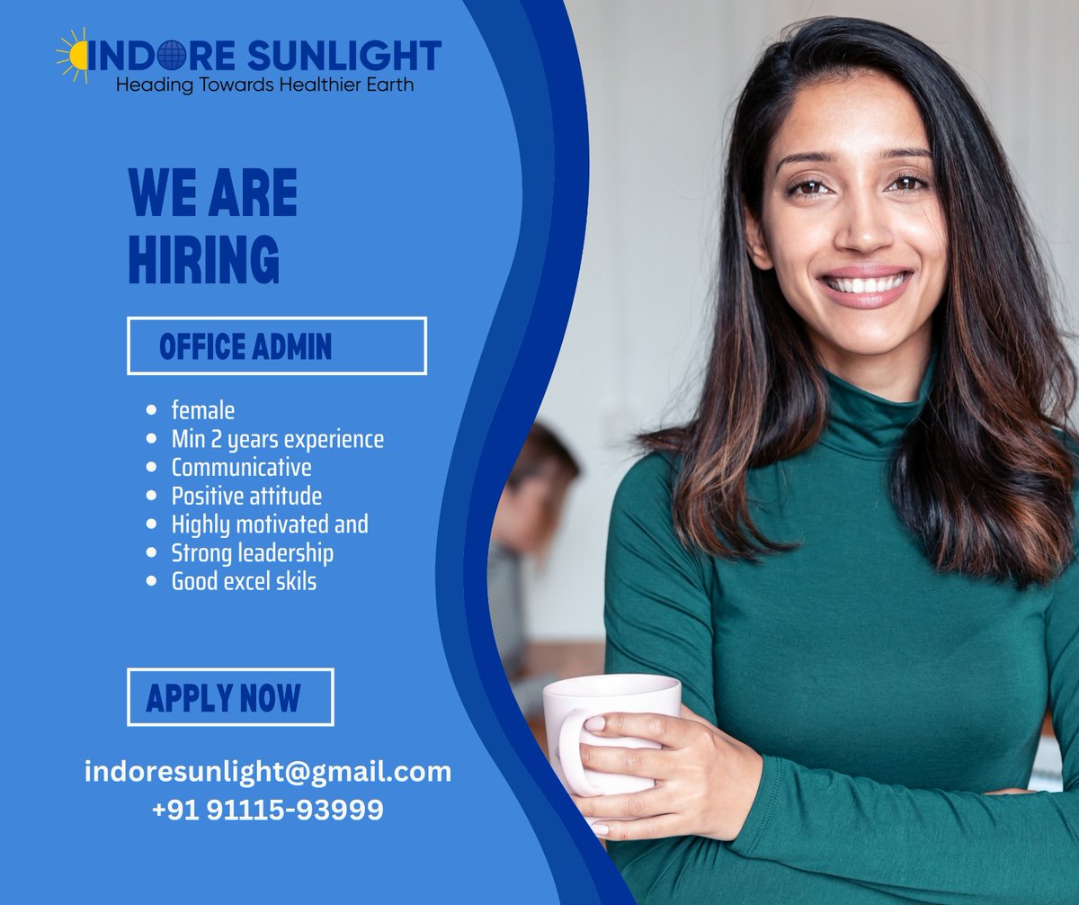 We're looking for an amazing Office Admin to join our team. Apply now! #OfficeAdmin #JobOpening #JoinOurTeam
.
.
Contact Us
+91 9111253999
.
Visit us
indoresunlight.in
.
.
#OfficeAdmin #JobOpening #HiringNow #Indore #AdministrativeAssistant #Multitasking #OrganizationSkills
