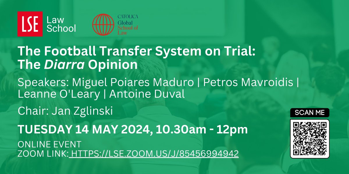 📢 What does @EUCourtPress's Diarra opinion mean for the football transfer system? Join @Ant1Duval, @MaduroPoiares, Leanne O’Leary, Petros Mavroidis and me for an online discussion about the case. Date: Tuesday, 14 May Time: 10:30am-12:00pm UK (= 11:30-1:00pm CET)