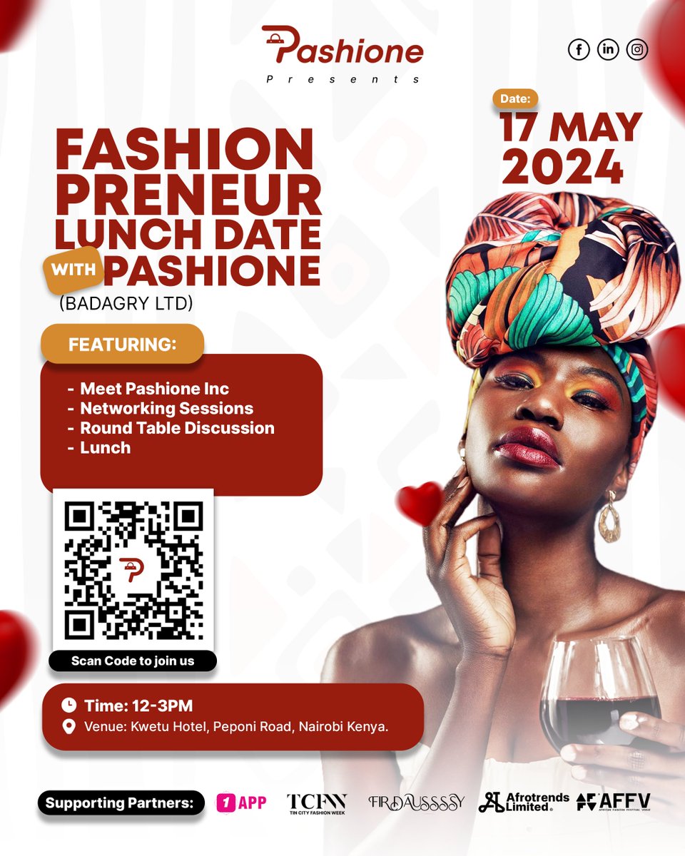 Kenya, it’s your time!

@PashioneInc is coming to Kenya!

Kenyan fashionpreneurs, seize this opportunity to network with industry experts and learn how to win in the global fashion market over free lunch. 

The details are in the flyer.

#Pashione #MichaelFasere #KenyaFashion