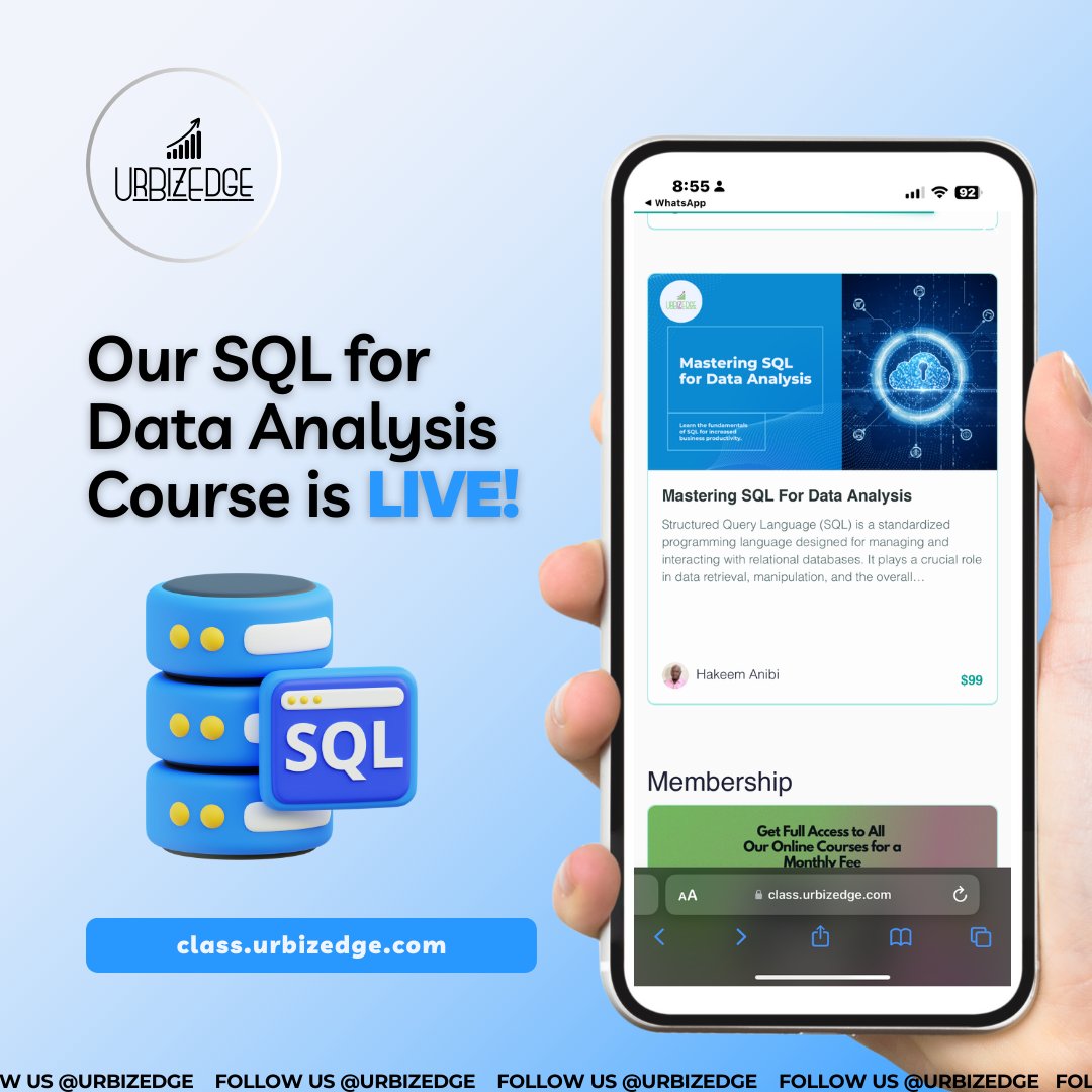 urBizEdge's tweet image. Our live course, "Mastering SQL for Data Analysis", will equip you with the skills to extract, analyze, and interpret data for actionable insights.
𝗘𝗻𝗿𝗼𝗹𝗹 𝘁𝗼𝗱𝗮𝘆!
#datascientist #SQLcourse #sqltraining
