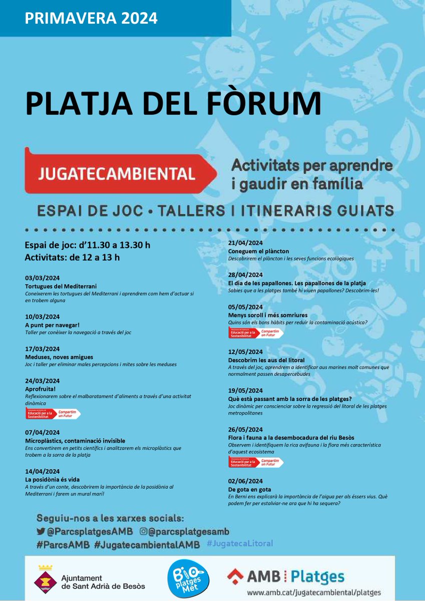 AjSantAdria's tweet photo. AGENDA DEL 10 AL 16 DE MAIG

🔵 Ds 11/5 45 FESTA Aniversari Casal de La Mina
🎉 Jocs, activitats, música, sorpreses…
🕙 10h
📍 Rambla Mina, 32

🔵 Dg 12/5 JUGATECAMBIENTAL: 🐦Descobrim les aus del Litoral: Joc i taller familiar
🕦 11.30h
📍 Platja Fòrum https://t.co/kjEaukGGmI