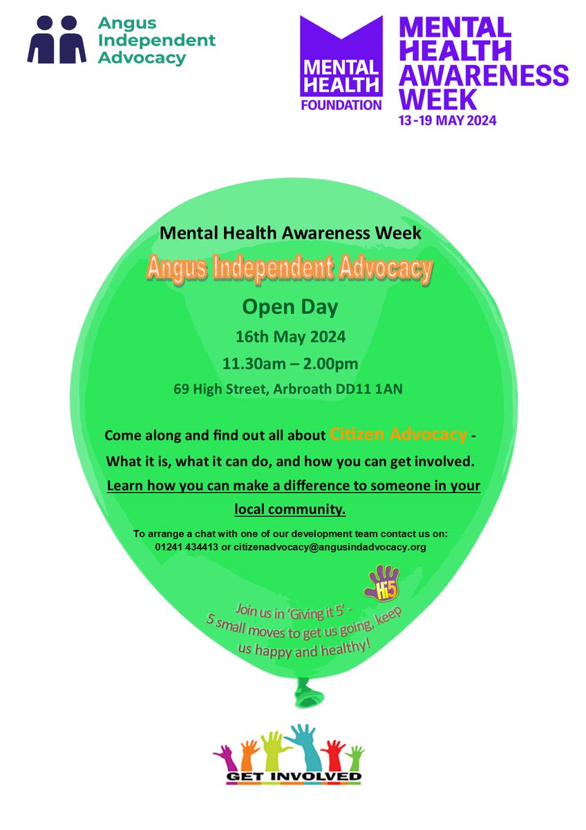 As part of Mental Health Awareness week we are having an Open Day at our office in Arbroath. If you want to find out more about making a difference to someone in your community, pop in for an informal chat about our Citizen Advocacy project. Details in the poster below 😀