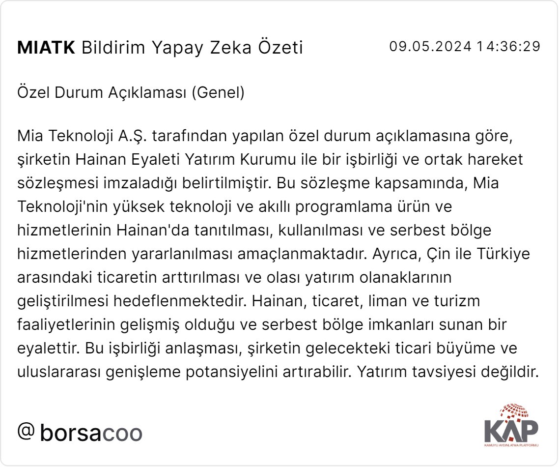 Mia Teknoloji A.Ş., Çin Hainan ile yüksek teknoloji ve akıllı programlama işbirliği anlaşması imzaladı. (Yapay Zeka Bildirim Değerlendirmesi: Muhtemel Pozitif)

#Miatk