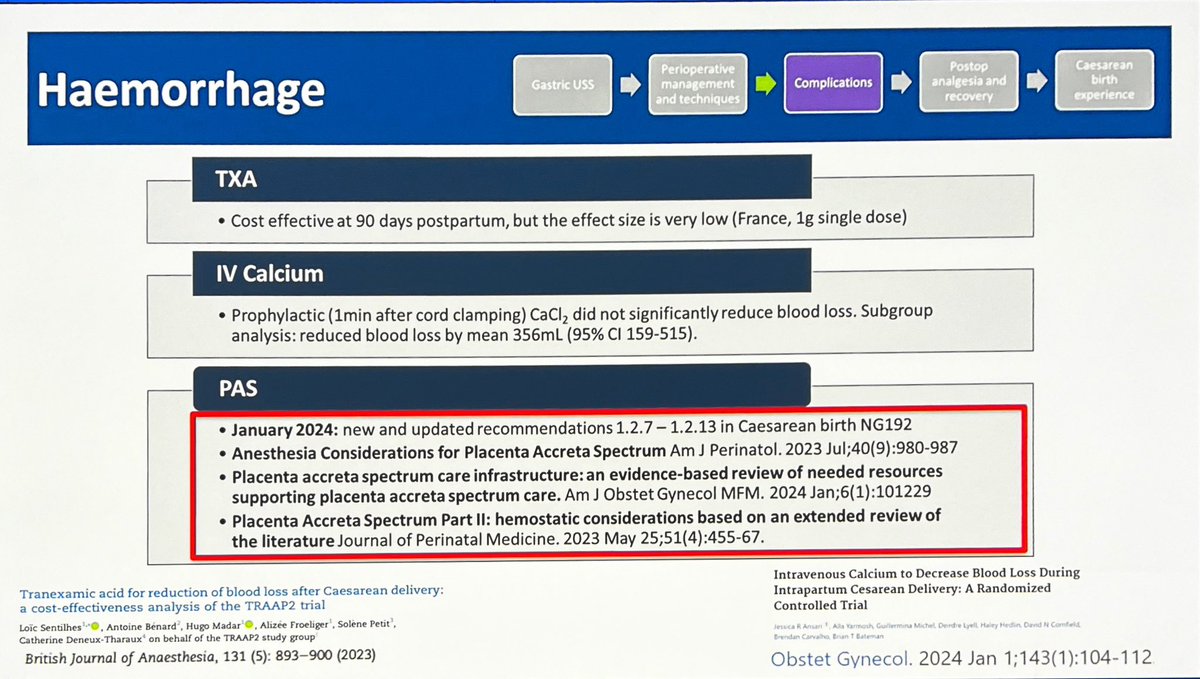 Hemorrhage. TXA cost effective (sorta). Prophylactic IV calcium not reduce EBL, but useful to monitor and maintain during hemorrhage. Placenta Accreta Spectrum: a lot of recent guidance in 2023 & 2024. #OAA24ASM #OBAnes