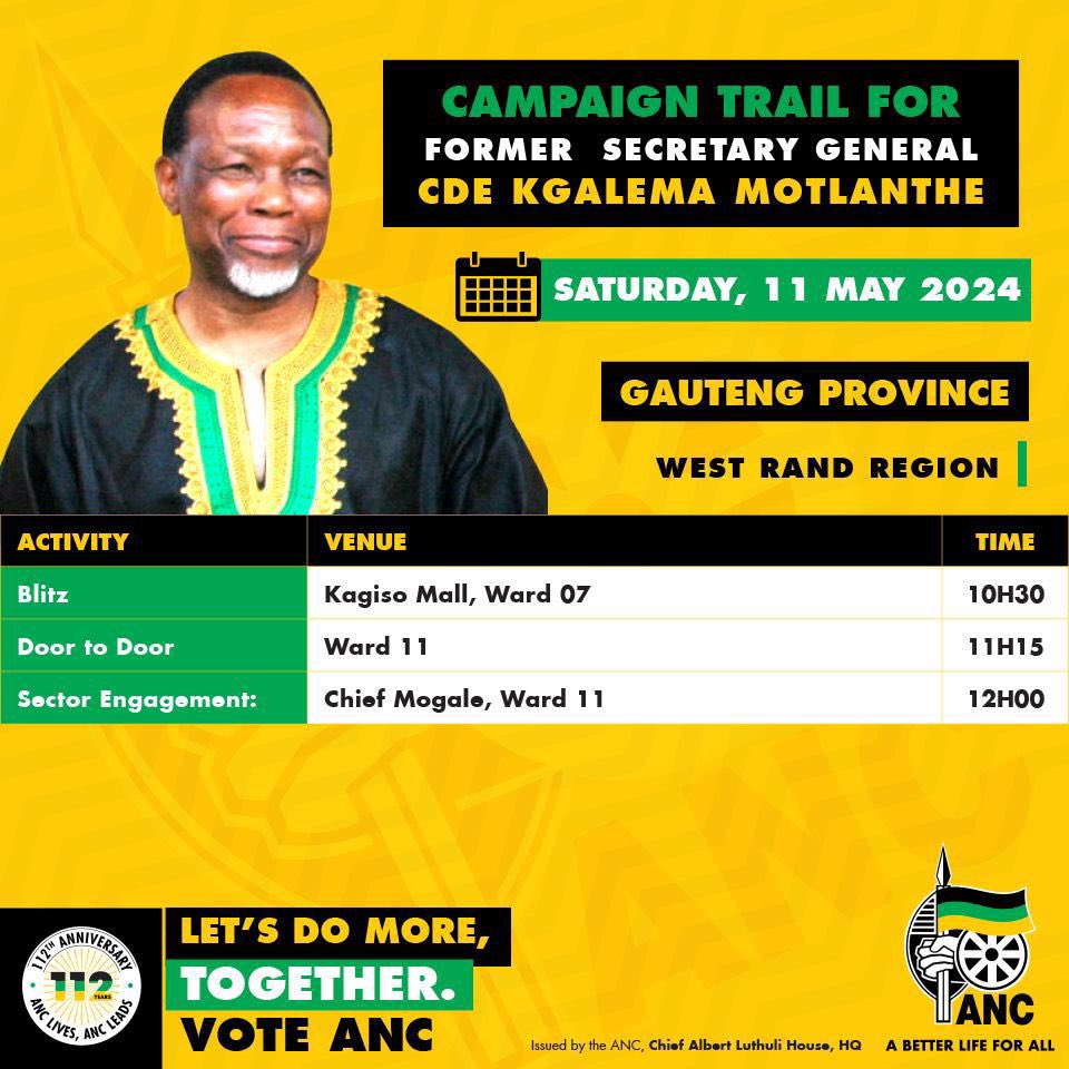 This weekend, former ANC Secretary General Kgalema Motlanthe will continue with his campaign trail with a number of focused sectoral and community engagements and door-to-door canvassing. #VoteANC2024 #LetsDoMoreTogether
