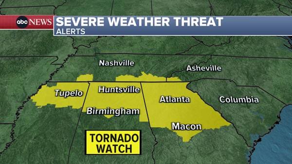 Atlanta and many others waking up to a tornado watch!      * until      100 PM EDT.      * Primary threats include...      A couple tornadoes possible      Scattered damaging wind gusts to 70 mph likely      Isolated large hail events to 1.5 inches in diameter possible