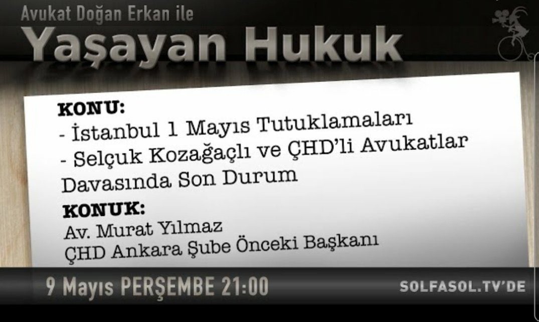 YAŞAYAN HUKUK: 1 Mayıs Tutuklamaları, Selçuk Kozağaçlı ve ÇHD'li Avukatlar Davasında son durum. Konuğumuz Av. Murat Yılmaz. 🗓️ 9 Mayıs Perşembe ⏰ 21:00 🔴 youtube.com/live/cSZl9Zols… @avdoganerkan