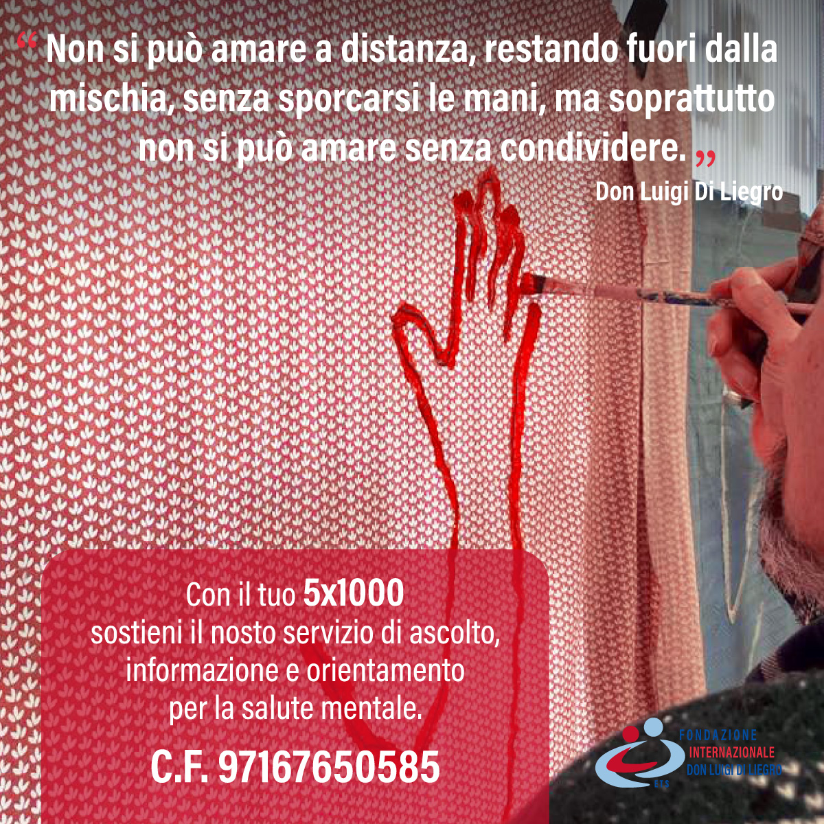 ✍️ Contribuisci al nostro impegno per il benessere psicosociale e la lotta contro l'emarginazione! Con il tuo 5x1000 puoi fare la differenza.

Per saperne di più 👇
fondazionediliegro.com/cosa-puoi-fare…

#5x1000 #5x1000diliegro #fondazionediliegro #salutementale