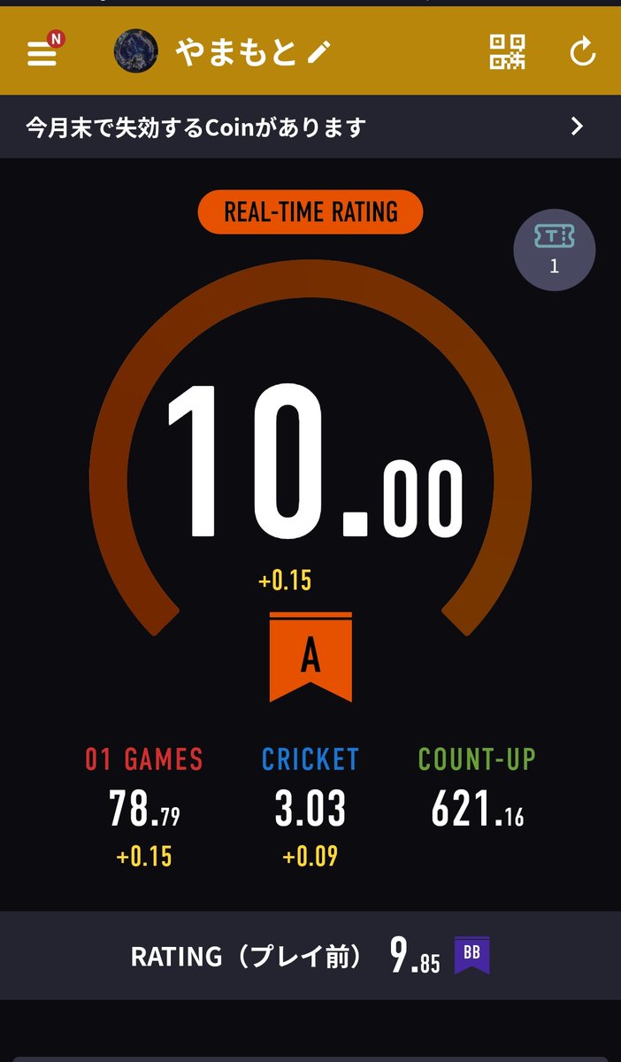 ダーツ初めて6ヶ月弱、ついにRt10！！