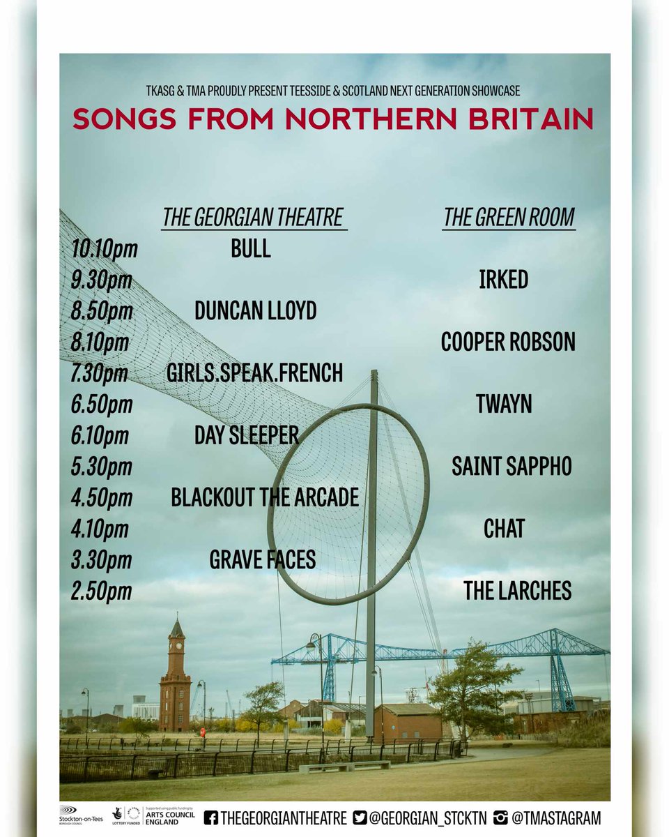 This Saturday (18th May)... @NewsTMA & @tkasg Presents... Songs From Northern Britain #11 The best and brightest artists from Scotland & the North-East of England take over The Georgian Theatre & @greenroomstcktn. Hosted, as always, by @VicGalloway 🎟️ georgiantheatre.co.uk/live-event/ven…