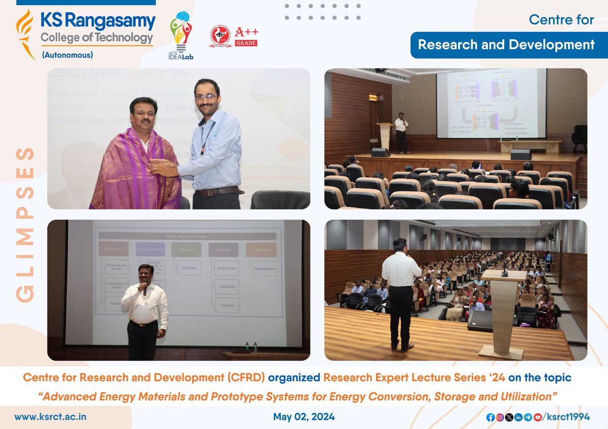 Glimpses of Research Expert Lecture Series ‘24 on the topic “Advanced Energy Materials and Prototype Systems for Energy Conversion, Storage and Utilization” organized by Centre for Research and Development (CFRD) on 02.05.2024 at Visvesvaraya Hall