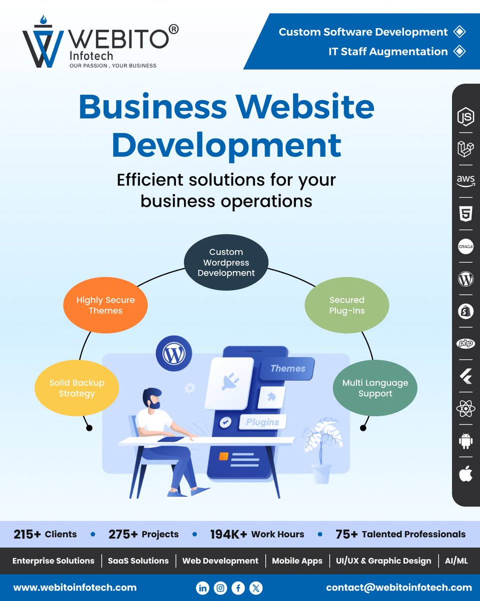 Transform your business online with our comprehensive website development solutions. From highly secure themes to solid backup strategies, we ensure efficiency in your operations.
#BusinessWebsite #WebsiteDevelopment #SecureThemes #Wordpress #MultiLanguage #BackupStrategy #Webito