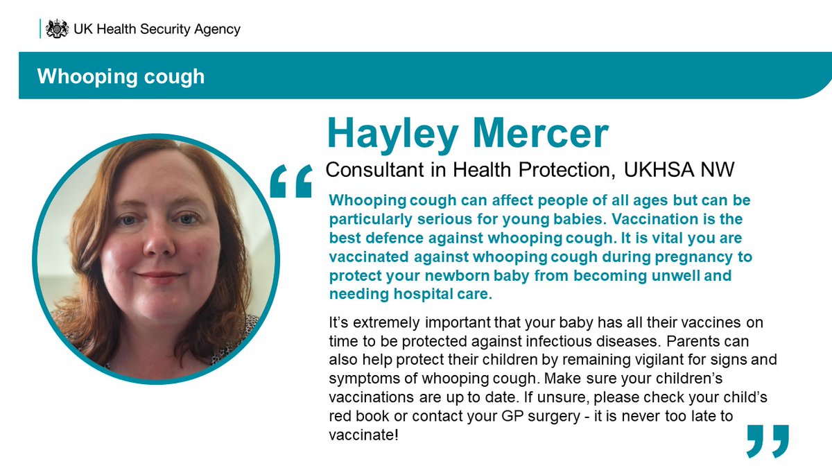As whooping cough (pertussis) cases rise in the #NorthWest, our vaccine lead @Hayley_PH explains why getting the #Pertussis vaccine is so important if you're pregnant. It helps protect your baby in their first weeks of life 👶ukhsa.blog.gov.uk/2024/04/12/wha…