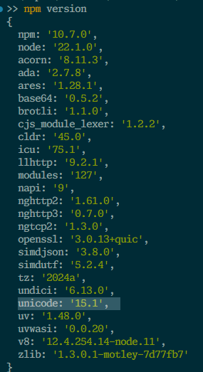 step__n's tweet photo. @boshen_c Not sure if this can help, but `npm version` will give you a unicode version number https://t.co/At9bh5QWtD