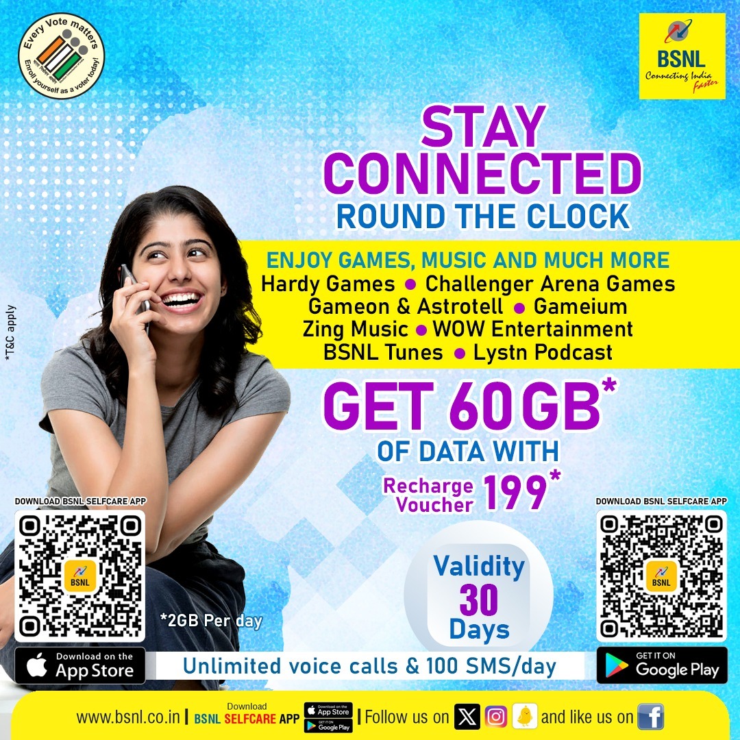 Stay connected round the clock, Recharge with our recharge voucher ₹199/-, and dive into a world of games, music, and endless fun.

#RechargeNow: bit.ly/plan199 (For NZ,WZ & EZ), bit.ly/199SZ (For SZ)
#BSNL #BSNLRecharge #BSNLSelfcareApp