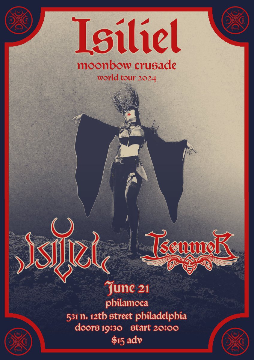 ／

✨🌏Isiliel in Philadelphia!!🇺🇸✨

＼

Details for the Philadelphia show on Isiliel’s 2024 World Tour have been released!🌹

We are very excited to play with the local folk metal band Isenmore!⚔️

June 21 Fri
PhilaMOCA
Start 20:00

🎫link.dice.fm/isilielphilamo…

#MoonbowCrusade