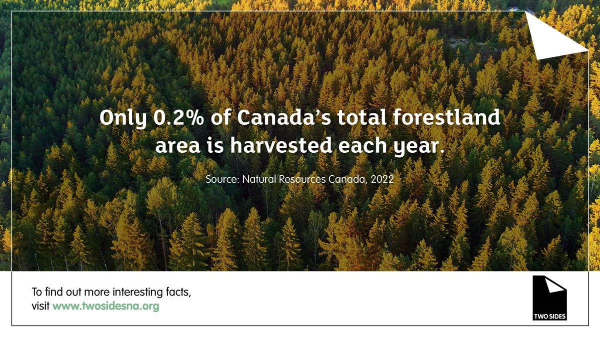 The area of forest harvested each year is only 0.2% of Canada’s total forestland. By law, all forests harvested on public lands must be regenerated. Get more facts: pulse.ly/9k4fllxszp #canadianforests #forestmanagement #Forestry #paperfacts