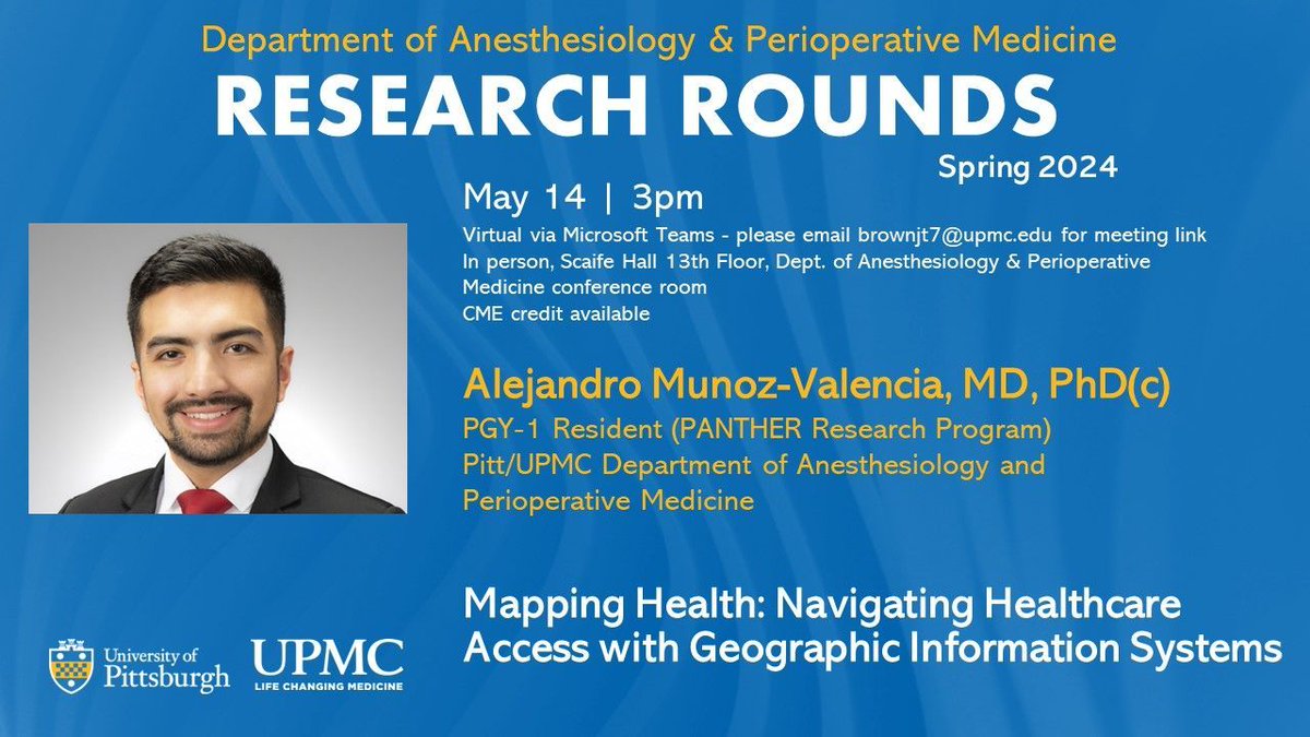 🔬 Research Rounds on May 14 at 3:00pm: Dr. Alejandro Munoz-Valencia will present 'Mapping Health: Navigating Healthcare Access with Geographic Information Systems.' 📅 Event details: buff.ly/4730rPJ