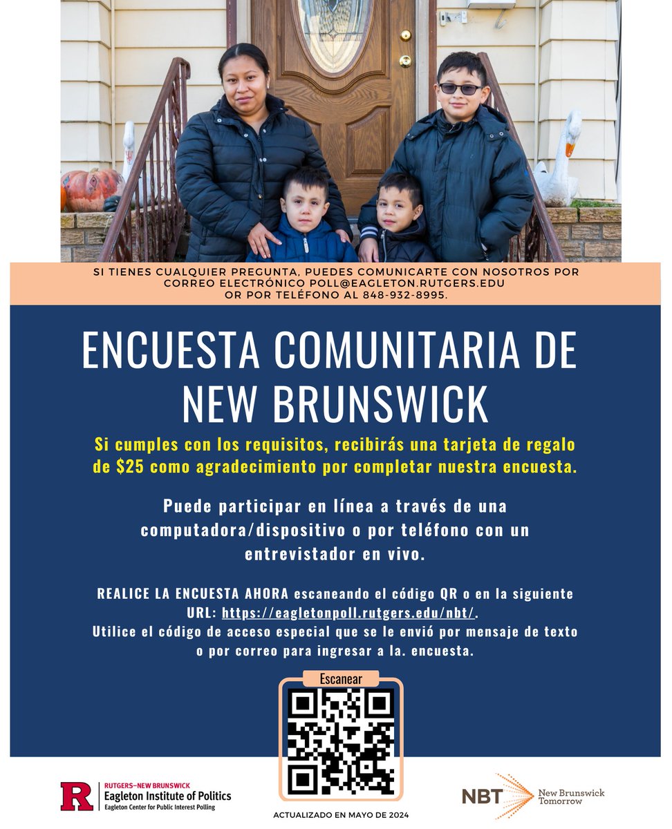 New Brunswick Tomorrow (@nbtomorrow) on Twitter photo ¡Llamando a todos los residentes de New Brunswick! 📢 ¡Valoramos tu opinión! Hemos colaborado con <a href="/EagletonPoll/">RutgersEagleton Poll</a> en la Encuesta comunitaria para 2023-2024.
Participa escaneando el código QR o visitando l8r.it/2GLj.
#NewBrunswick ¡Llamando a todos los residentes de New Brunswick! 📢 ¡Valoramos tu opinión! Hemos colaborado con <a href="/EagletonPoll/">RutgersEagleton Poll</a> en la Encuesta comunitaria para 2023-2024.
Participa escaneando el código QR o visitando l8r.it/2GLj.
#NewBrunswick