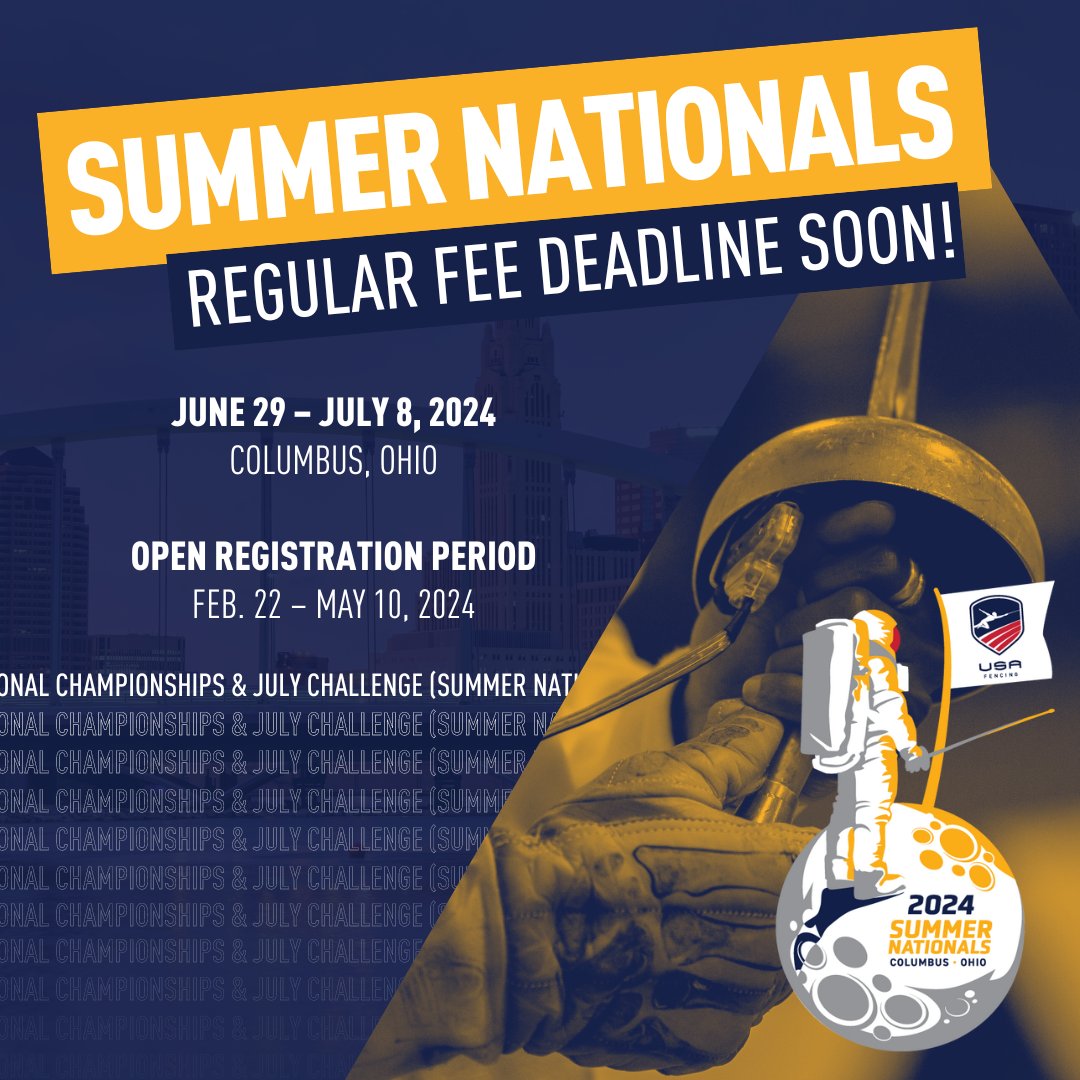 T-MINUS ONE DAY until regular fee registration for Summer Nationals closes! Don't miss out! 🚀 usafencing.org/summernational…